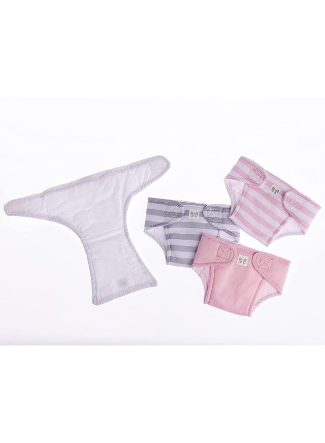 JC Toys Baby Doll Washable and Reusable Eco Diapers 4 Pack Fits Dolls 14 to 18 inch in Pink/White/Grey