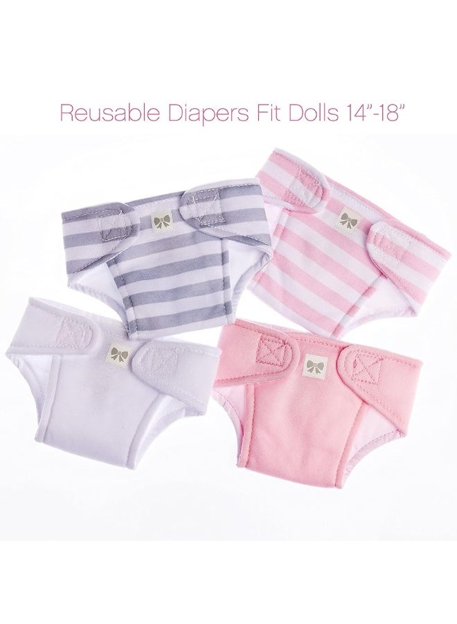 JC Toys Baby Doll Washable and Reusable Eco Diapers 4 Pack Fits Dolls 14 to 18 inch in Pink/White/Grey