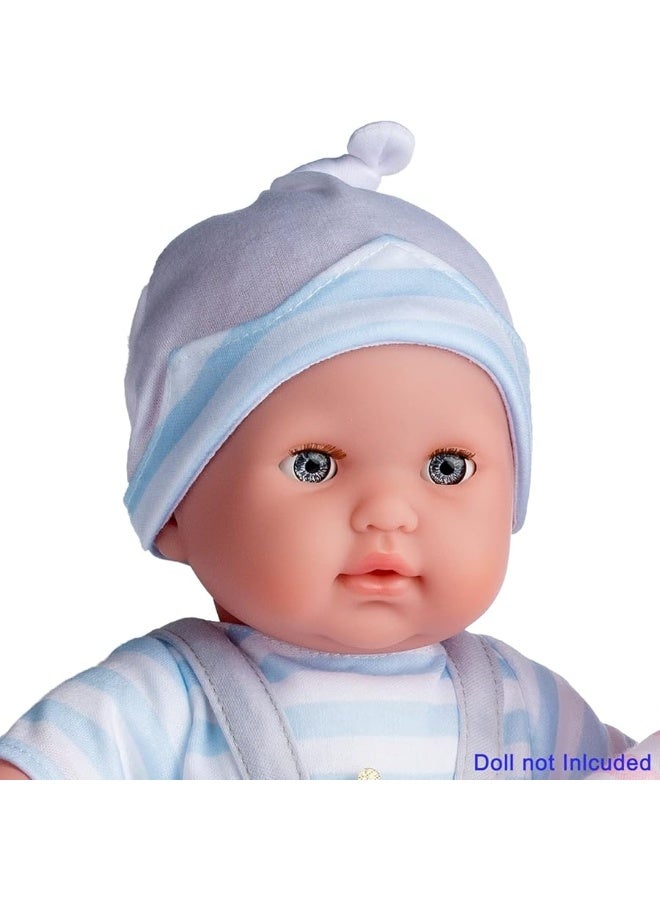 JC Toys | Berenguer Boutique | Baby Doll Outfit | Gray Overall Shorts with Blue Stripes | Includes Headband and Booties | Ages 2+ | Fits Dolls 14