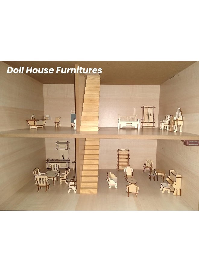 BOHS 34Piece Dollhouse Furniture Set  Laser Cut Wooden 3D Puzzles  Miniature Doll House DIY Models and Accessories