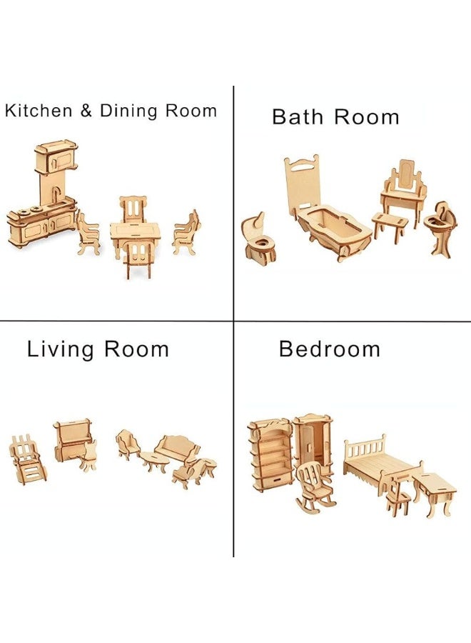 BOHS 34Piece Dollhouse Furniture Set  Laser Cut Wooden 3D Puzzles  Miniature Doll House DIY Models and Accessories