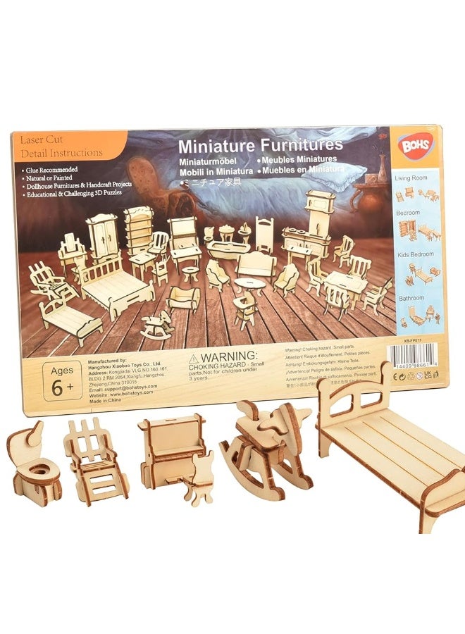 BOHS 34Piece Dollhouse Furniture Set  Laser Cut Wooden 3D Puzzles  Miniature Doll House DIY Models and Accessories