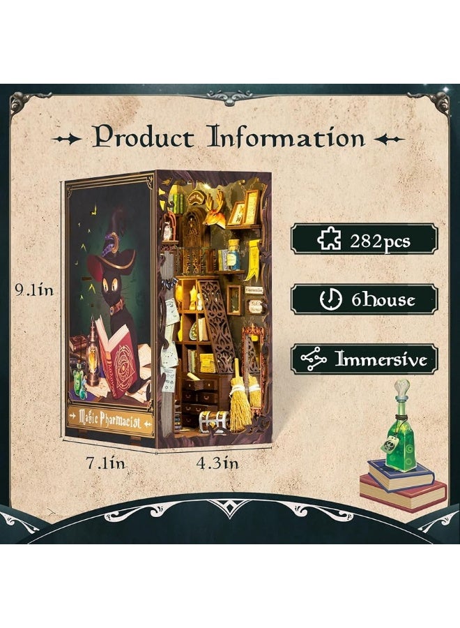 Fsolis Book Nook Kit, Booknook Kit with Dust Cover and Light for Adult DIY Miniature Dollhouse Kit Decorative Bookend Bookshelf Decor 3D Wooden Craft Gift for Women Kids Book Lovers (Magic Pharmacist)