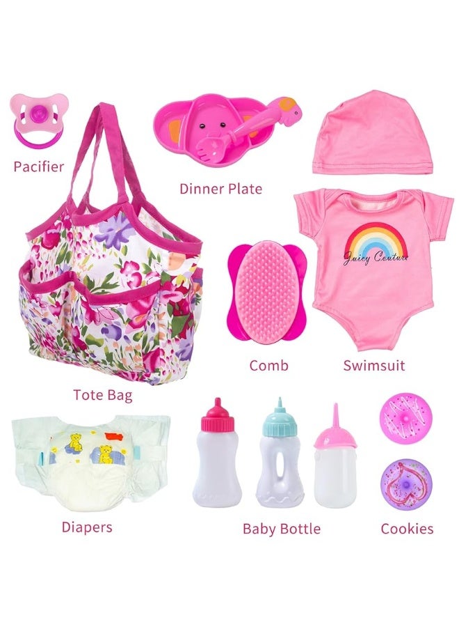 Ecore Fun 13 Piece Baby Doll Accessories Baby Doll Feeding and Caring Set Includes Diaper Bag Clothes Doll Diapers Baby Bottles Dinner Plate Pacifier Comb Babies Pretend Play Set for Toddlers Kids