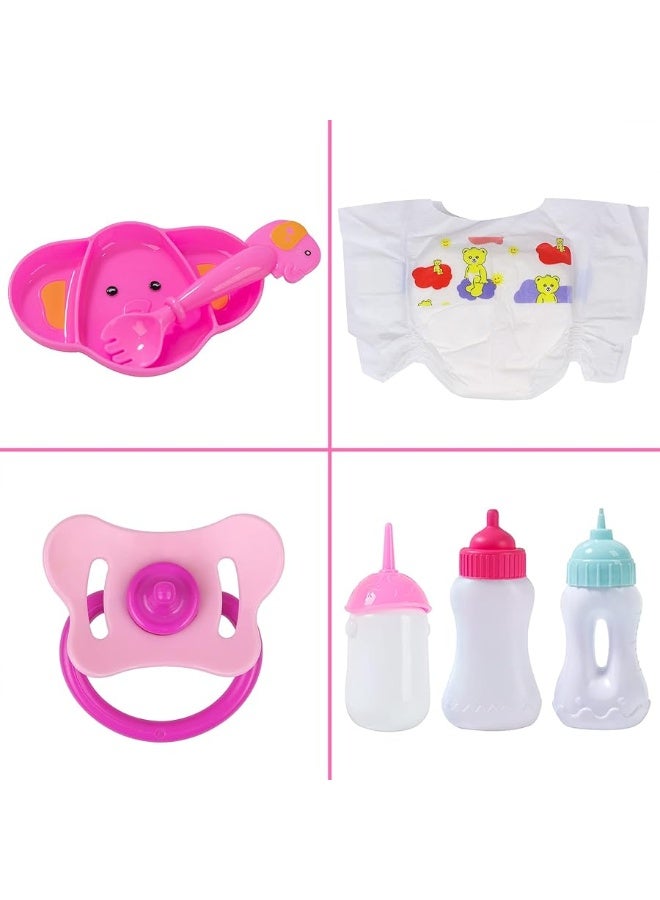 Ecore Fun 13 Piece Baby Doll Accessories Baby Doll Feeding and Caring Set Includes Diaper Bag Clothes Doll Diapers Baby Bottles Dinner Plate Pacifier Comb Babies Pretend Play Set for Toddlers Kids
