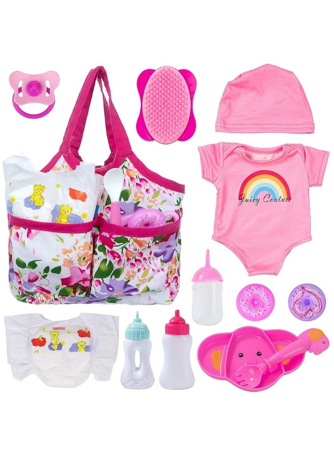Ecore Fun 13 Piece Baby Doll Accessories Baby Doll Feeding and Caring Set Includes Diaper Bag Clothes Doll Diapers Baby Bottles Dinner Plate Pacifier Comb Babies Pretend Play Set for Toddlers Kids