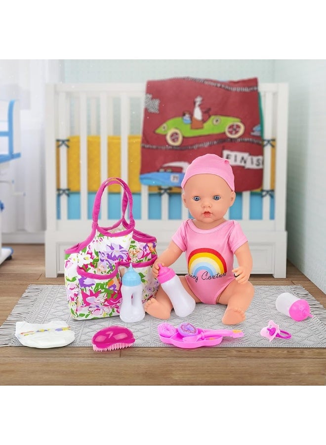 Ecore Fun 13 Piece Baby Doll Accessories Baby Doll Feeding and Caring Set Includes Diaper Bag Clothes Doll Diapers Baby Bottles Dinner Plate Pacifier Comb Babies Pretend Play Set for Toddlers Kids