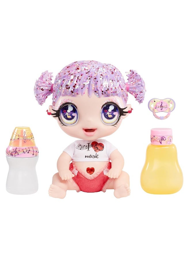 MGA Entertainment Glitter Babyz Melody Highnote Baby Doll with 3 Magical Color Changes, Lavender Glitter Hair, Music Outfit, Diaper, Bottle, Pacifier Accessories, Ages 3 4 5+