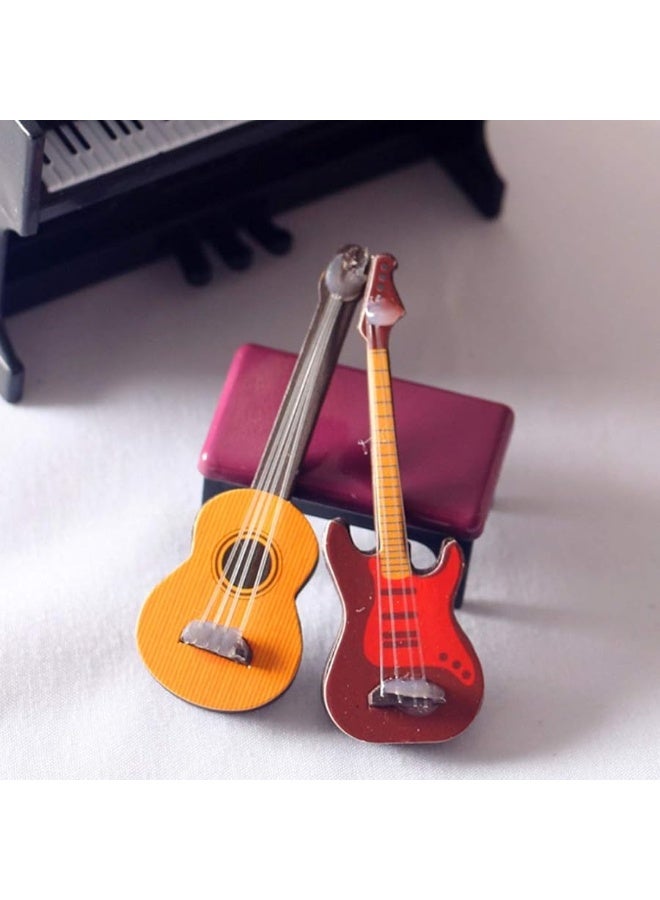 Toyvian 2Pcs Miniature Guitar Dollhouse Mini Musical Instrument Wood Bass Guitar Model Ornament for Fairy Garden Accessories Kids Play Toys Birthday Gifts Random Color