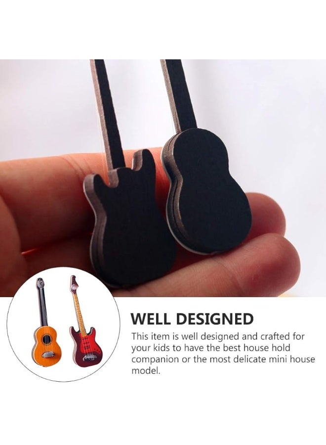 Toyvian 2Pcs Miniature Guitar Dollhouse Mini Musical Instrument Wood Bass Guitar Model Ornament for Fairy Garden Accessories Kids Play Toys Birthday Gifts Random Color