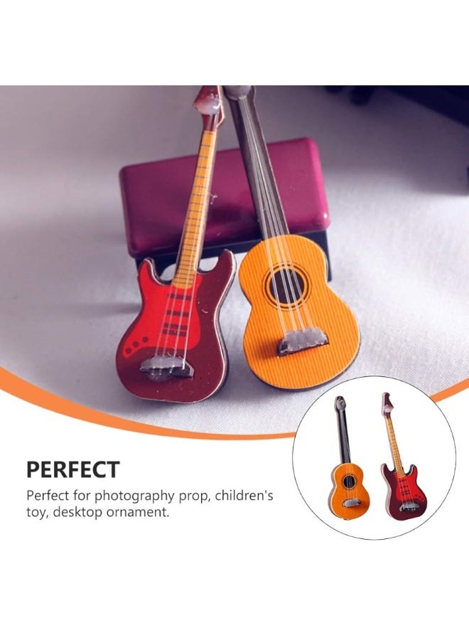 Toyvian 2Pcs Miniature Guitar Dollhouse Mini Musical Instrument Wood Bass Guitar Model Ornament for Fairy Garden Accessories Kids Play Toys Birthday Gifts Random Color