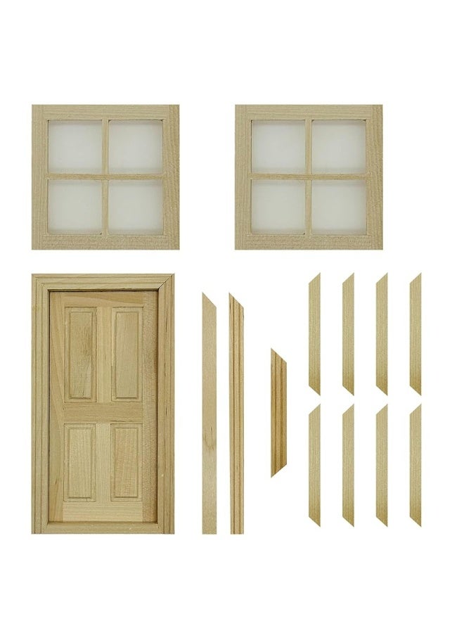 Cayway 2 PCS Dollhouse Windows 1 PCS Miniature Wooden Door112 Scale Mini Window Frame for DIY Dollhouse or Model Town Accessory