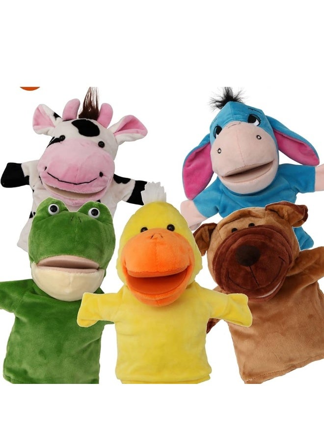BETTERLINE 5-Piece Set Animal Hand Puppets with Open Movable Mouth/Zoo, Safari, Farm, Jungle/Cow, Duck, Brown Dog, Frog and Donkey