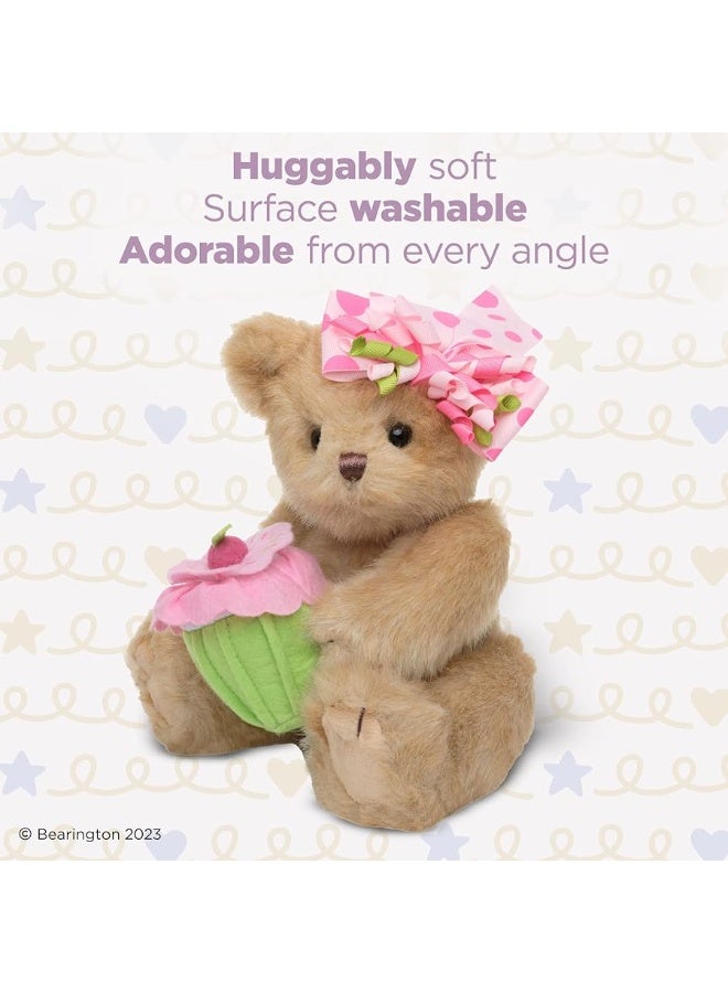 Bearington Casey The Birthday Cake Bear: 10â€ Tall Stuffed Teddy with Ultra-Soft Faux-Fur, Expressive Face, Adorable Hair Bow and Plush Cupcake, Machine Washable, Birthday Gift for Kids or Adults