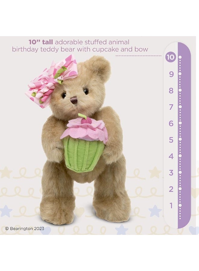 Bearington Casey The Birthday Cake Bear: 10â€ Tall Stuffed Teddy with Ultra-Soft Faux-Fur, Expressive Face, Adorable Hair Bow and Plush Cupcake, Machine Washable, Birthday Gift for Kids or Adults