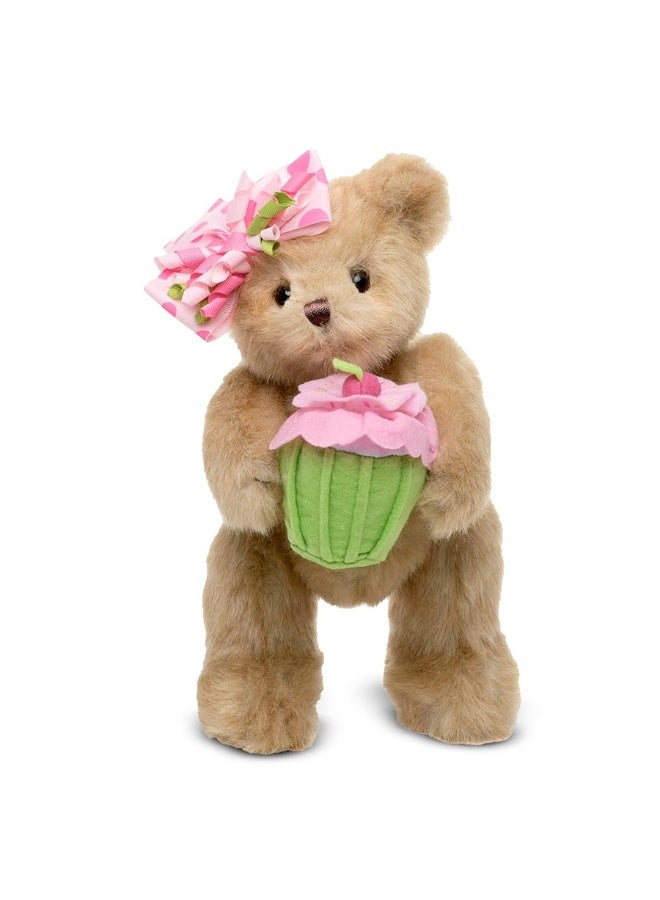 Bearington Casey The Birthday Cake Bear: 10â€ Tall Stuffed Teddy with Ultra-Soft Faux-Fur, Expressive Face, Adorable Hair Bow and Plush Cupcake, Machine Washable, Birthday Gift for Kids or Adults