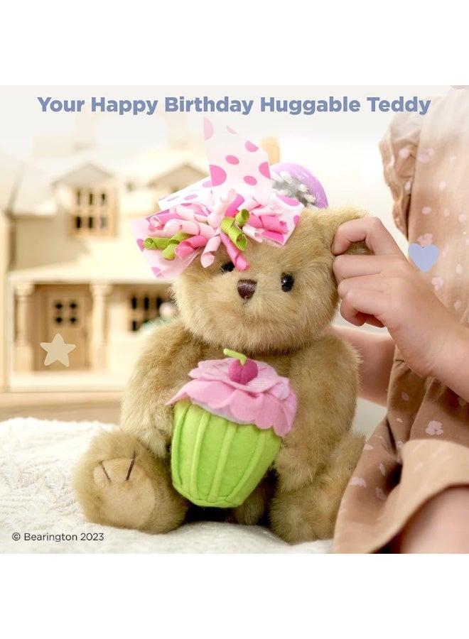 Bearington Casey The Birthday Cake Bear: 10â€ Tall Stuffed Teddy with Ultra-Soft Faux-Fur, Expressive Face, Adorable Hair Bow and Plush Cupcake, Machine Washable, Birthday Gift for Kids or Adults