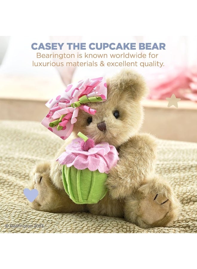 Bearington Casey The Birthday Cake Bear: 10â€ Tall Stuffed Teddy with Ultra-Soft Faux-Fur, Expressive Face, Adorable Hair Bow and Plush Cupcake, Machine Washable, Birthday Gift for Kids or Adults