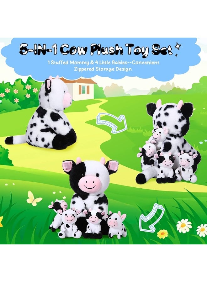 Sumind 5 Pcs Cow Plush Animals Set Mommy Cow Stuffed Animal with 4 Baby Cute Cows in Her Tummy for Kids Birthday Children's Day Graduation Gifts Baby Shower Party Decor Favors