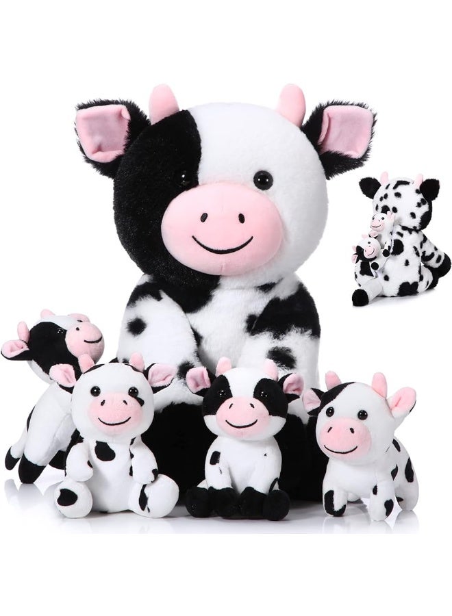 Sumind 5 Pcs Cow Plush Animals Set Mommy Cow Stuffed Animal with 4 Baby Cute Cows in Her Tummy for Kids Birthday Children's Day Graduation Gifts Baby Shower Party Decor Favors