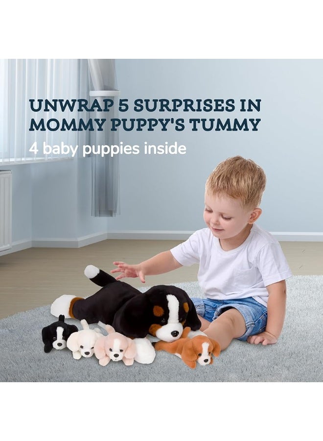 PixieCrush Dog Stuffed Animals for Girls Ages 3-8 - Mommy Bernese Stuffed Dog with 4 Puppies - Magical Dog Pillow Plushie - Enchanting Puppy Surprise Toys