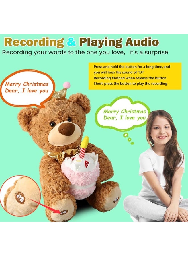 Marsjoy Musical Happy Birthday Teddy Bear with Glowing Cupcake Animated Plush Toy Singing Dancing Talking Plush Bear Repeating What You Say Recording Toy Stuffed Animal Gift for Girl Kid