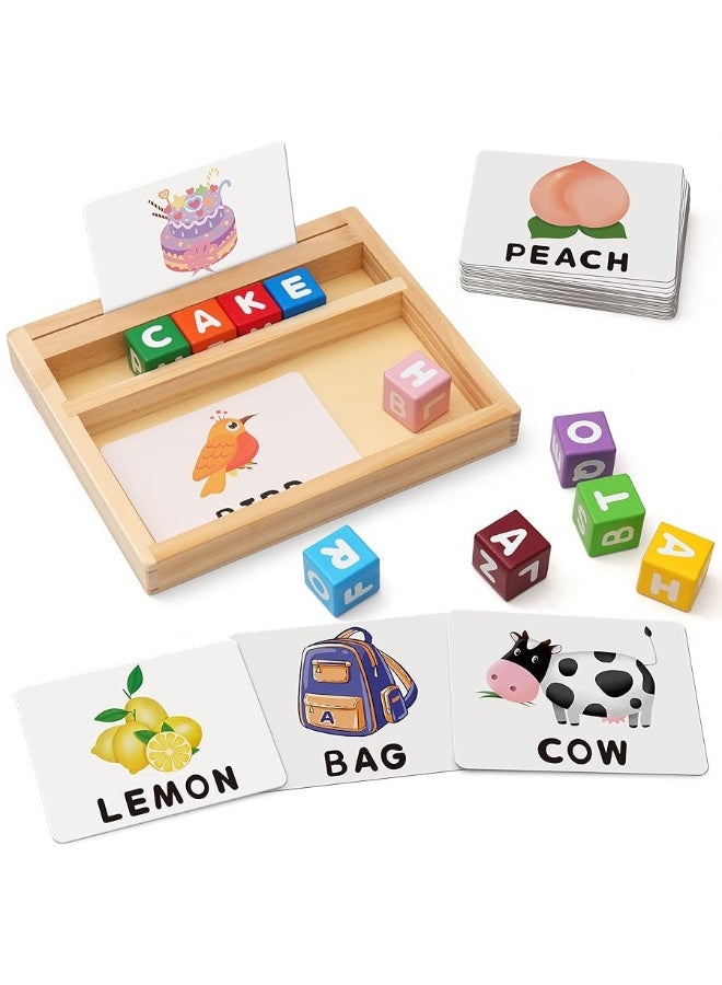 Coogam Wooden Blocks Spelling Game, Color Alphabet Letters Matching Flash Cards ABC Cubes Sight Words Learning Educational Montessori Puzzle Gift for Preschool Kids Boys Girls Age 3 4 5 Years Old