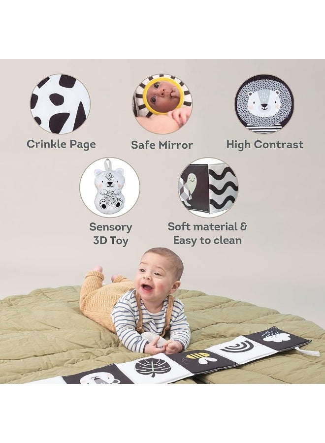 Taf Toys Newborn Soft Activity Book Black & White High Contrast Baby Book Infant Sensory Toys Tummy Time Soft Cloth Books for Babies Textured Fabric Crinkling Shapes Patterns 0-12 Months Newborn Toys