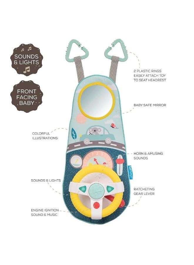 Baby Car Seat Toys for Infants with Mirror, Carseat Toys Steering Wheel with Music Lights & Driving Sounds Car Seat Toy for Babies 6 to 12 Months Develops Emotional Intelligence Senses & Motor Skills