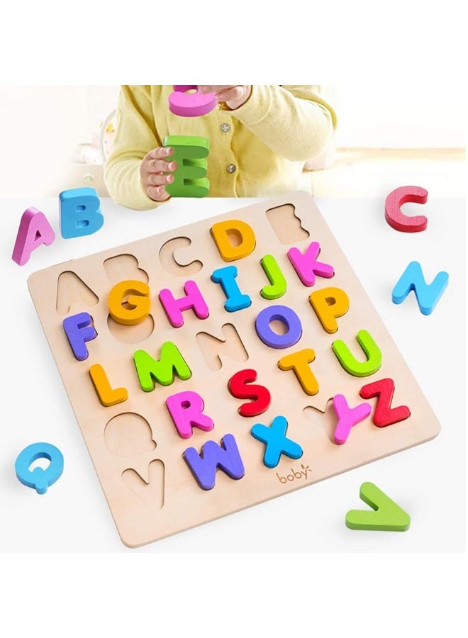 Wooden Alphabet Puzzle Toys, ABC Letter & Number Puzzle for Toddlers 18+ Months Old, Preschool Learning Toys for Kids, Educational Name Puzzle Gift for Boys and Girls (Alphabet Puzzle)