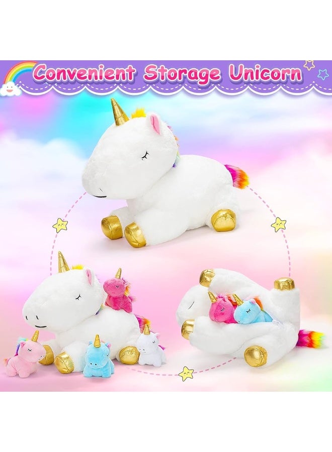 KMUYSL Toys for Girls Ages 3 4 5 6 7 8+ Years - Unicorn Mommy Stuffed Animal with 4 Baby Unicorns in Her Tummy, Soft Unicorn Plush Toys Set, Christmas Birthday Gifts for Baby, Toddler, Kids