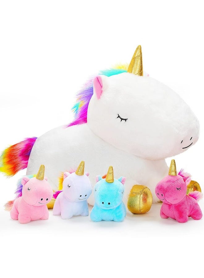 KMUYSL Toys for Girls Ages 3 4 5 6 7 8+ Years - Unicorn Mommy Stuffed Animal with 4 Baby Unicorns in Her Tummy, Soft Unicorn Plush Toys Set, Christmas Birthday Gifts for Baby, Toddler, Kids