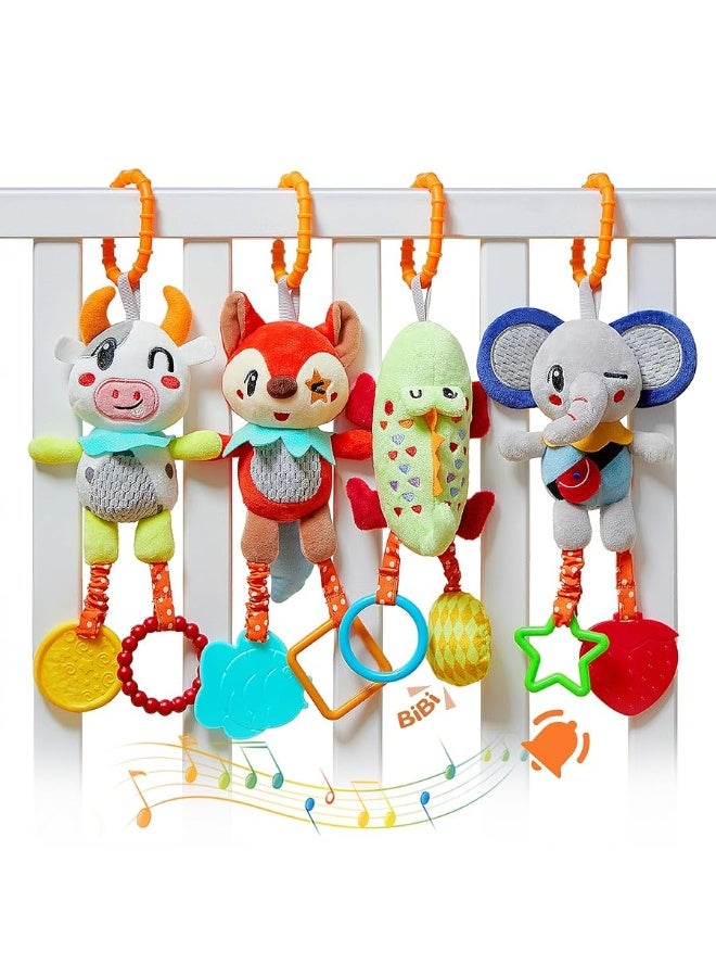 TUMAMA 4 Pack Baby Toys for 0 3 6 9 12 Months, Hanging Crib Toys for Newborn Infant Development, Car Seat Stroller Soft Plush Rattles Toy for Babies