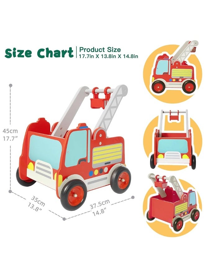 Red Fire Truck Wooden Baby Push Walker - 2-in-1 Toddler Push & Pull Toys Learning Walker Stroller Walker with Wheels for Baby Girls Boys 1-3 Years Old