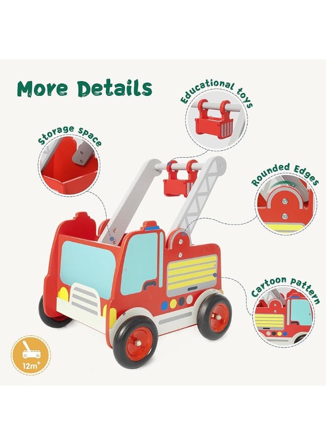 Red Fire Truck Wooden Baby Push Walker - 2-in-1 Toddler Push & Pull Toys Learning Walker Stroller Walker with Wheels for Baby Girls Boys 1-3 Years Old