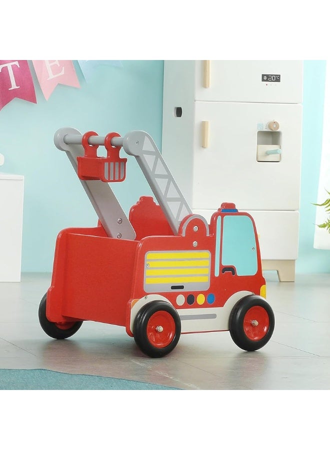 Red Fire Truck Wooden Baby Push Walker - 2-in-1 Toddler Push & Pull Toys Learning Walker Stroller Walker with Wheels for Baby Girls Boys 1-3 Years Old
