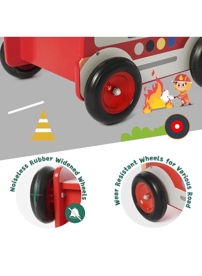 Red Fire Truck Wooden Baby Push Walker - 2-in-1 Toddler Push & Pull Toys Learning Walker Stroller Walker with Wheels for Baby Girls Boys 1-3 Years Old