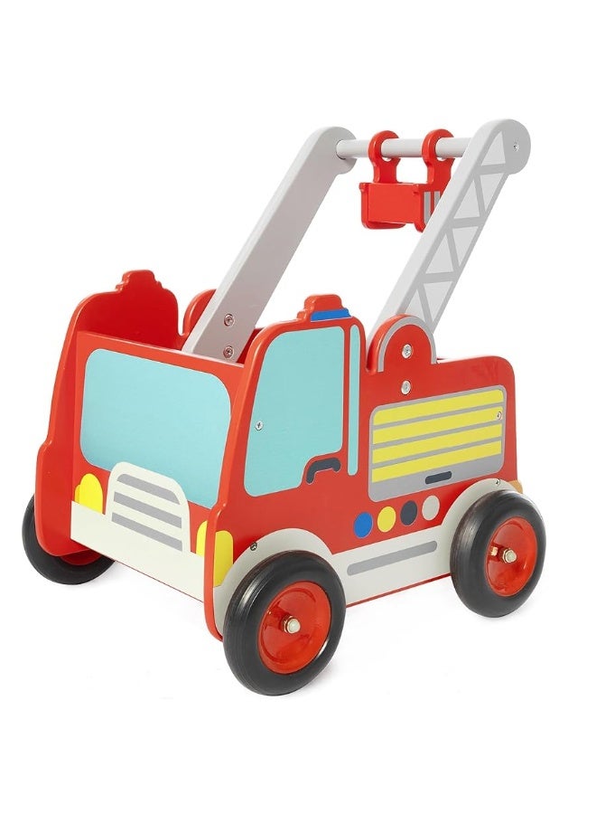 Red Fire Truck Wooden Baby Push Walker - 2-in-1 Toddler Push & Pull Toys Learning Walker Stroller Walker with Wheels for Baby Girls Boys 1-3 Years Old