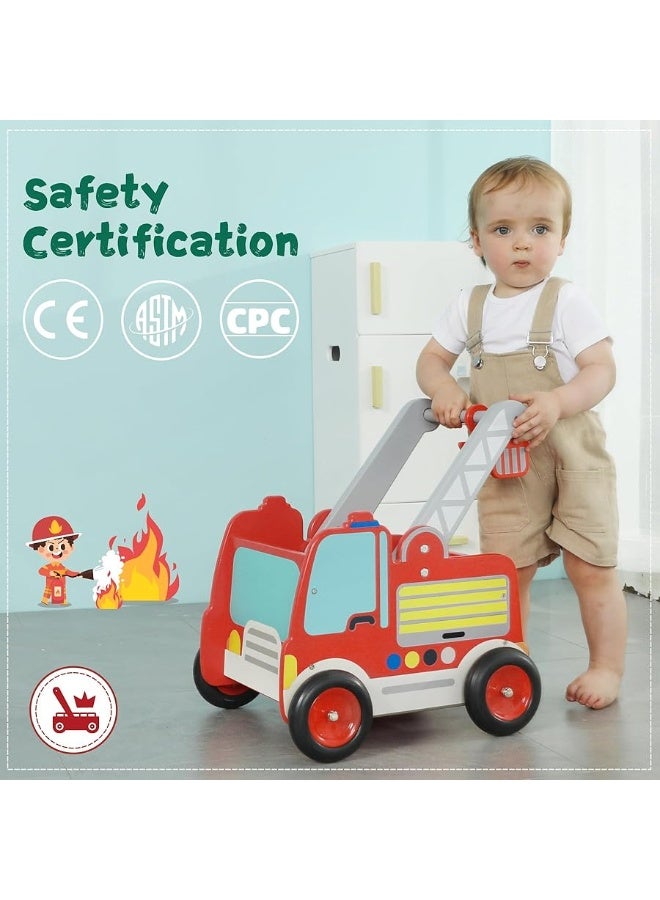 Red Fire Truck Wooden Baby Push Walker - 2-in-1 Toddler Push & Pull Toys Learning Walker Stroller Walker with Wheels for Baby Girls Boys 1-3 Years Old