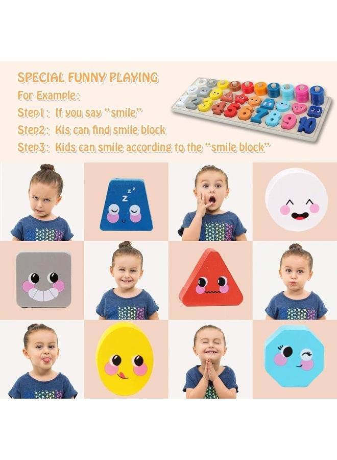 QZMTOY Wooden Montessori Toys for Kids, Toddler Number Puzzles Sorter Counting Shape Stacker Stacking Game Preschool Toys for Boy Girl Learning Education Math Blocks Chunky Puzzles Gift for Toddlers