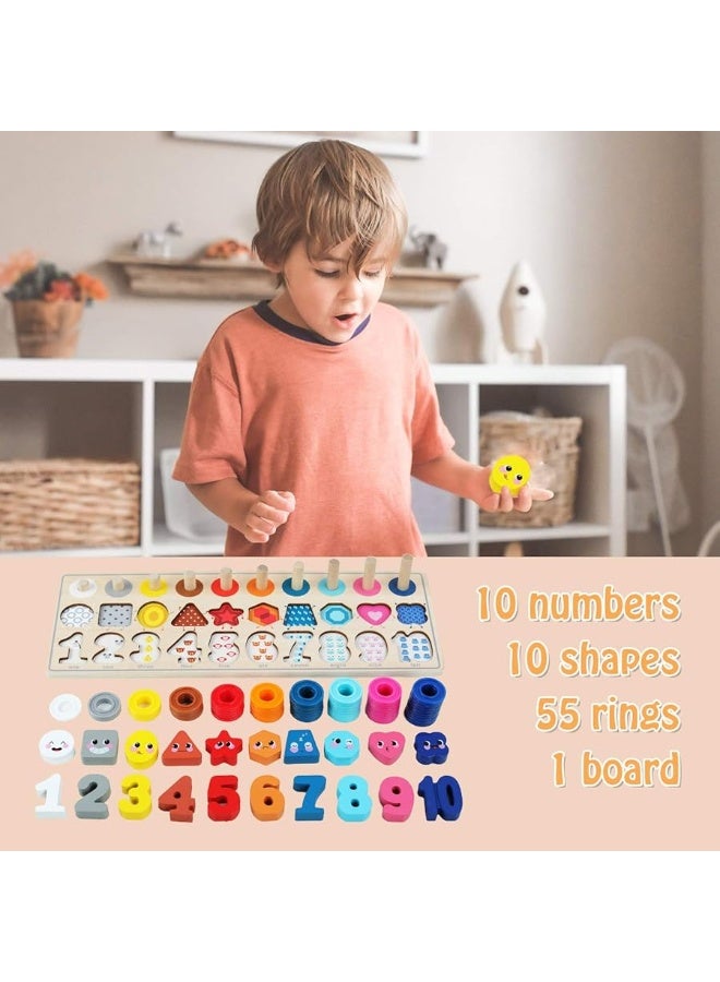 QZMTOY Wooden Montessori Toys for Kids, Toddler Number Puzzles Sorter Counting Shape Stacker Stacking Game Preschool Toys for Boy Girl Learning Education Math Blocks Chunky Puzzles Gift for Toddlers