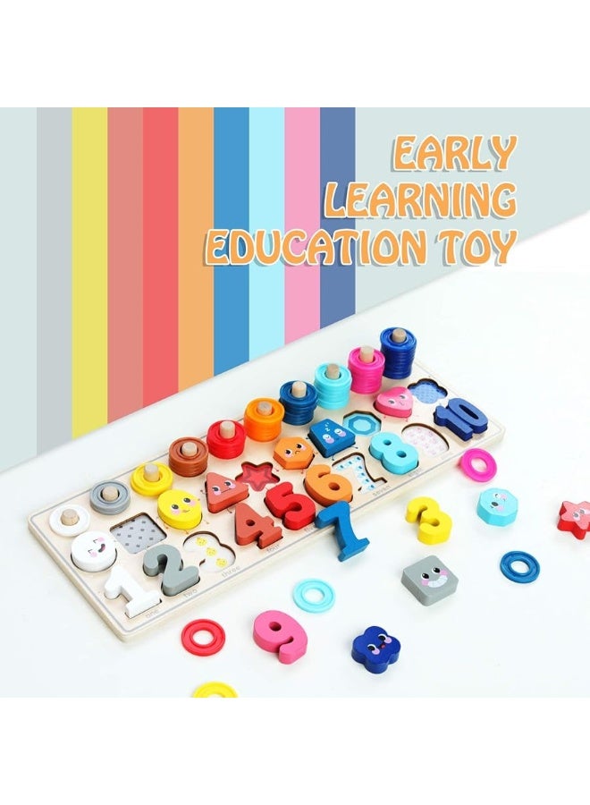 QZMTOY Wooden Montessori Toys for Kids, Toddler Number Puzzles Sorter Counting Shape Stacker Stacking Game Preschool Toys for Boy Girl Learning Education Math Blocks Chunky Puzzles Gift for Toddlers