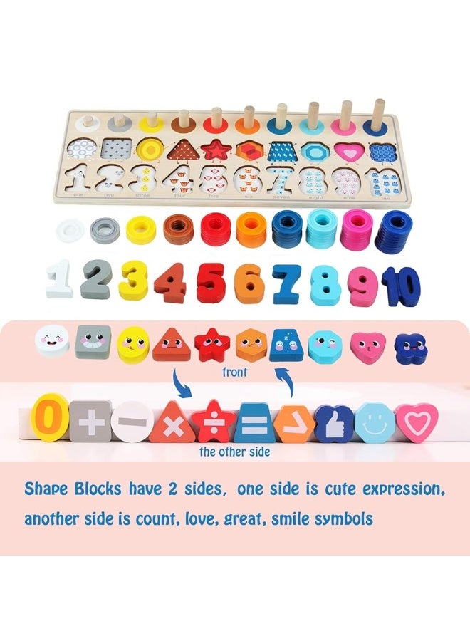 QZMTOY Wooden Montessori Toys for Kids, Toddler Number Puzzles Sorter Counting Shape Stacker Stacking Game Preschool Toys for Boy Girl Learning Education Math Blocks Chunky Puzzles Gift for Toddlers