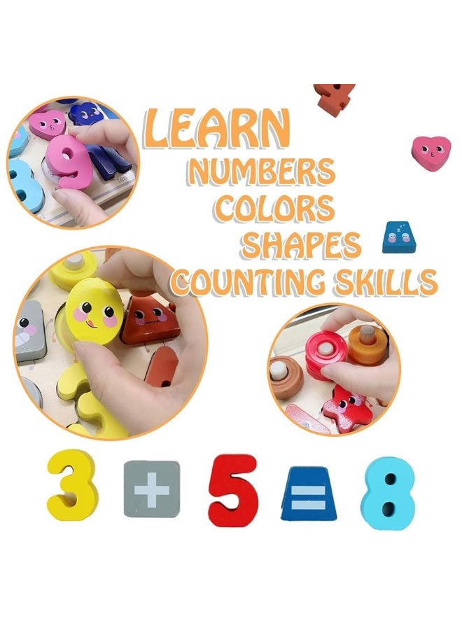 QZMTOY Wooden Montessori Toys for Kids, Toddler Number Puzzles Sorter Counting Shape Stacker Stacking Game Preschool Toys for Boy Girl Learning Education Math Blocks Chunky Puzzles Gift for Toddlers