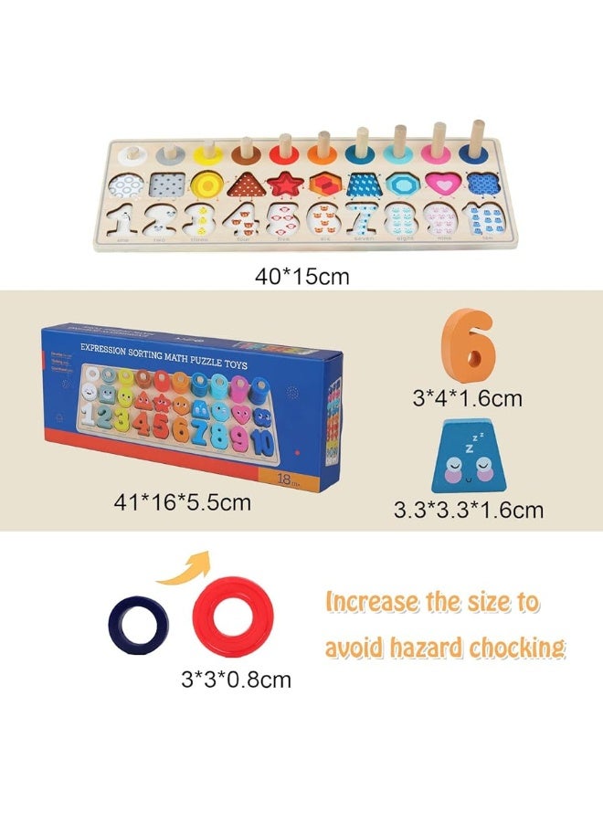 QZMTOY Wooden Montessori Toys for Kids, Toddler Number Puzzles Sorter Counting Shape Stacker Stacking Game Preschool Toys for Boy Girl Learning Education Math Blocks Chunky Puzzles Gift for Toddlers