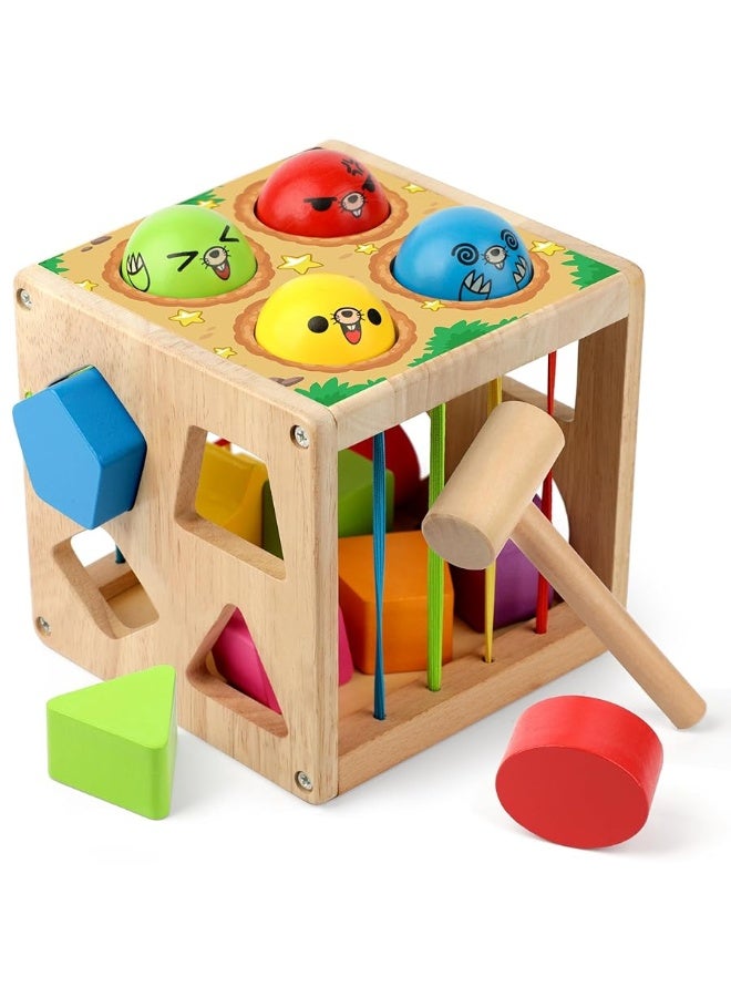 Coogam Wooden Montessori Toys for Toddlers, Shape Sorting Cube Whack Mole Fine Motor Skills Game for 1 2 3 Year Old 18 Month Baby Boys Girls Gift