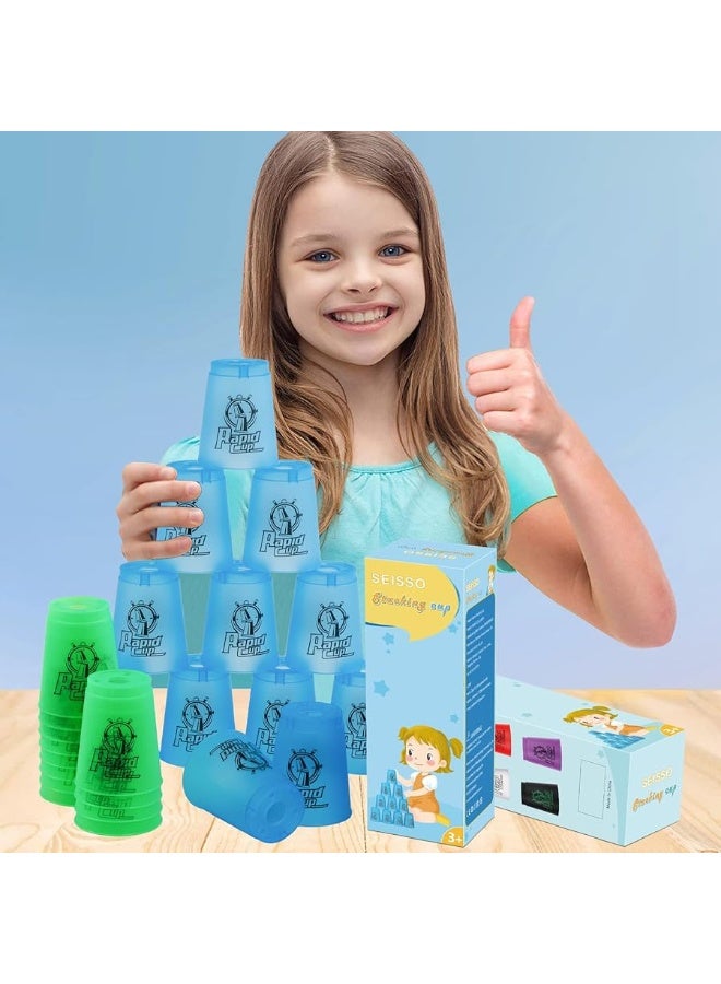 SEISSO Quick Stack Cups 24 PC for Speed Sports Training Game for School Family Party Challenge Competition, Kids Gifts Starter Set of Stacking Cup, Blue & Green