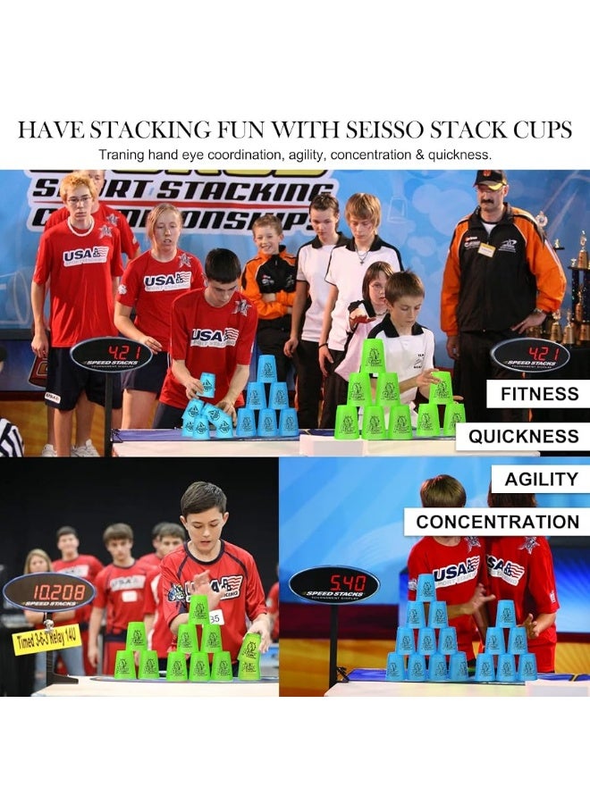 SEISSO Quick Stack Cups 24 PC for Speed Sports Training Game for School Family Party Challenge Competition, Kids Gifts Starter Set of Stacking Cup, Blue & Green