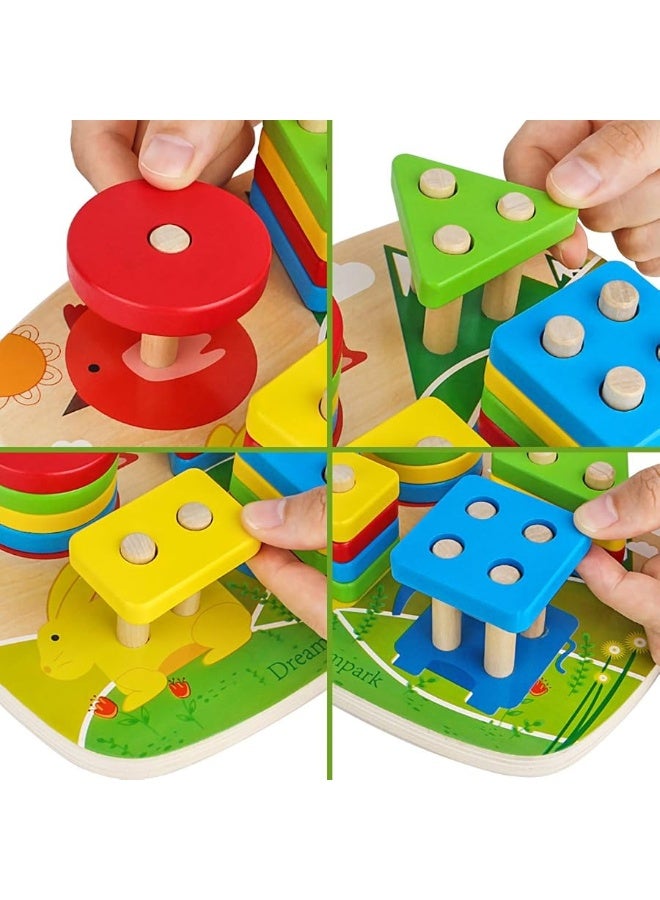 Dreampark Montessori Educational Toddler Toys: Montessori Toys for 1 2 3 Years Old Boys Girls Birthday Gifts, Toddlers Toys Ages 1-2 Wooden Stack and Sort Geometric Board Blocks Toys for Kids Baby