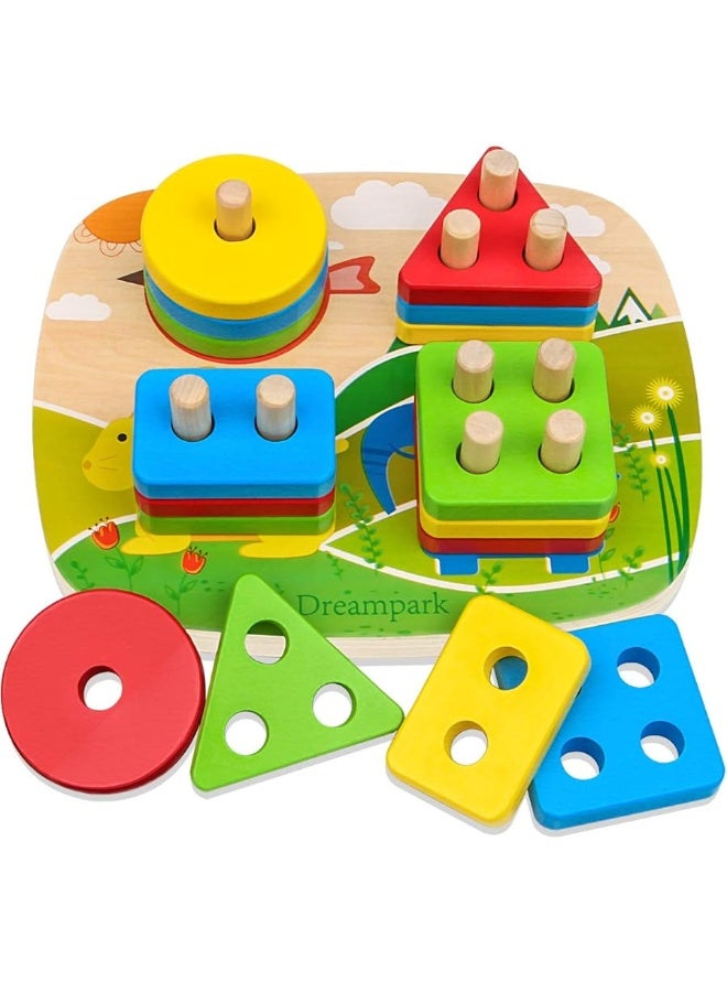 Dreampark Montessori Educational Toddler Toys: Montessori Toys for 1 2 3 Years Old Boys Girls Birthday Gifts, Toddlers Toys Ages 1-2 Wooden Stack and Sort Geometric Board Blocks Toys for Kids Baby